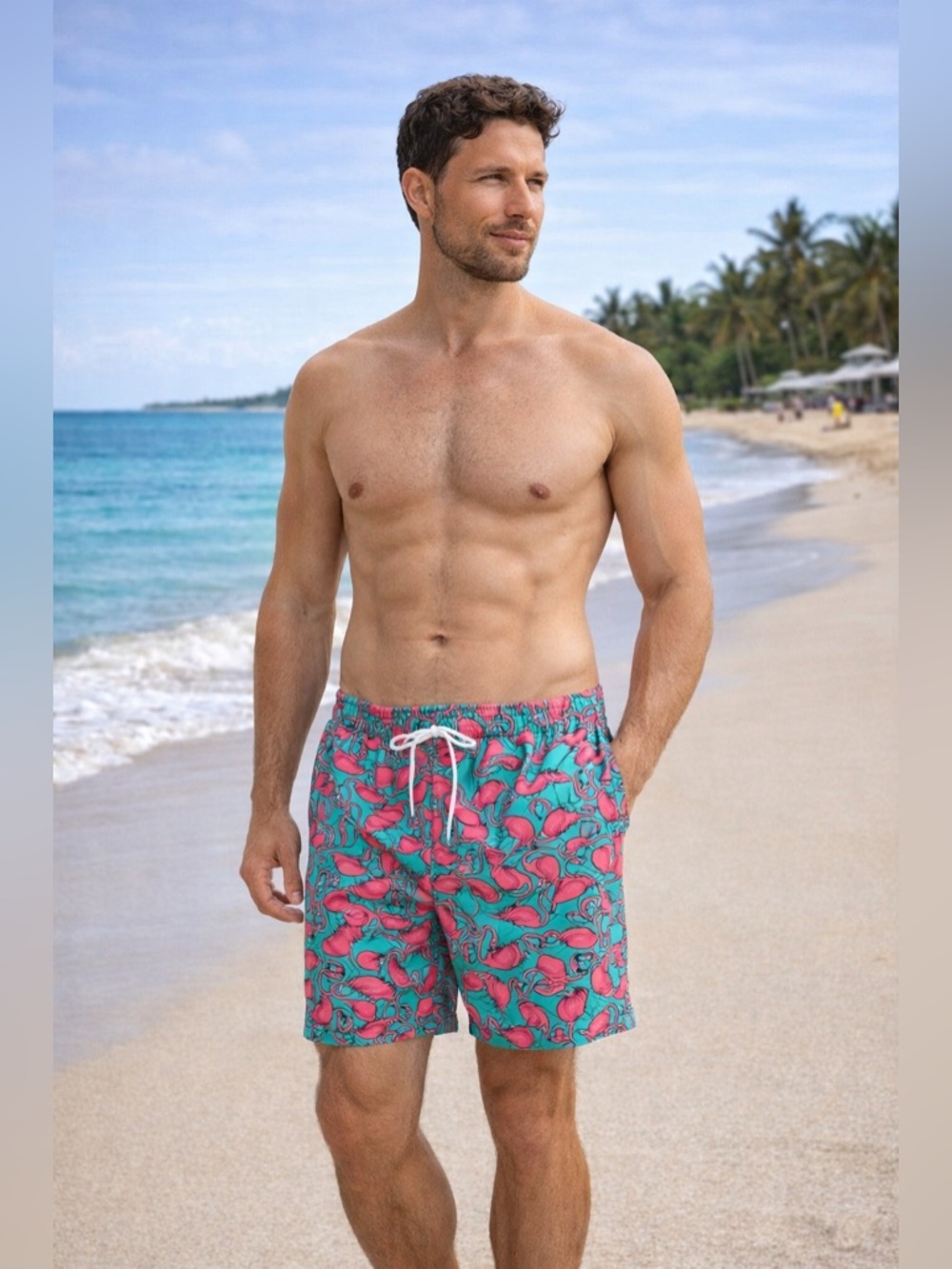 NWT SSLR Flamingo Swim Trunks XXL Quick Dry Beach Shorts 5” Inseam Pink Blue